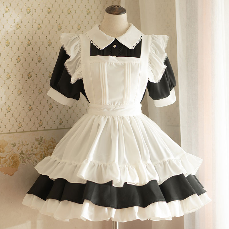 2Lサイズメイド服黒ストライプワンピースと白フリルエプロン 値引き