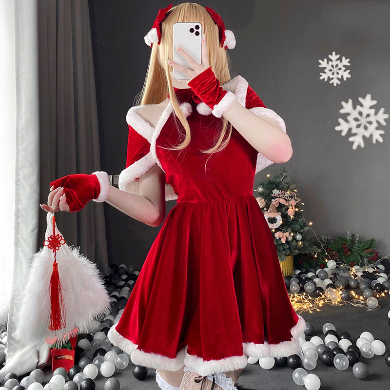 クリスマス　サンタメイド服　赤色　女性　可愛い　マント付け　ワンピース　4点セット