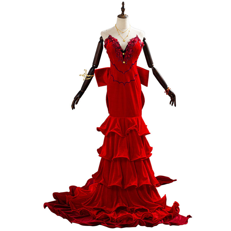 FF7　エアリス　コスプレ衣装　ドレス　コスチューム　赤色　ゲーム　派手　ファイナルファンタジー