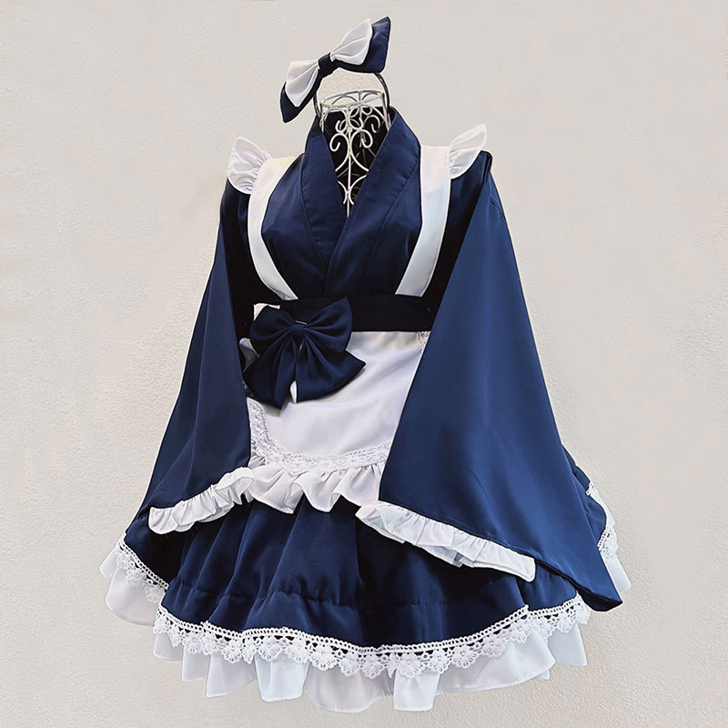 ハロウィン　和風メイド服　長袖　ネイビーブルー 着物 コスプレ 給仕係 和服 衣装