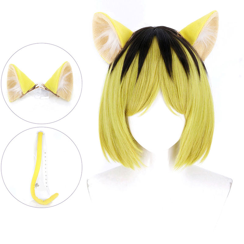 ヤニねこ ヤクねこ やくねこ 金髪ショートヘア コスプレウィッグ コスプレかつら 耳 しっぽ