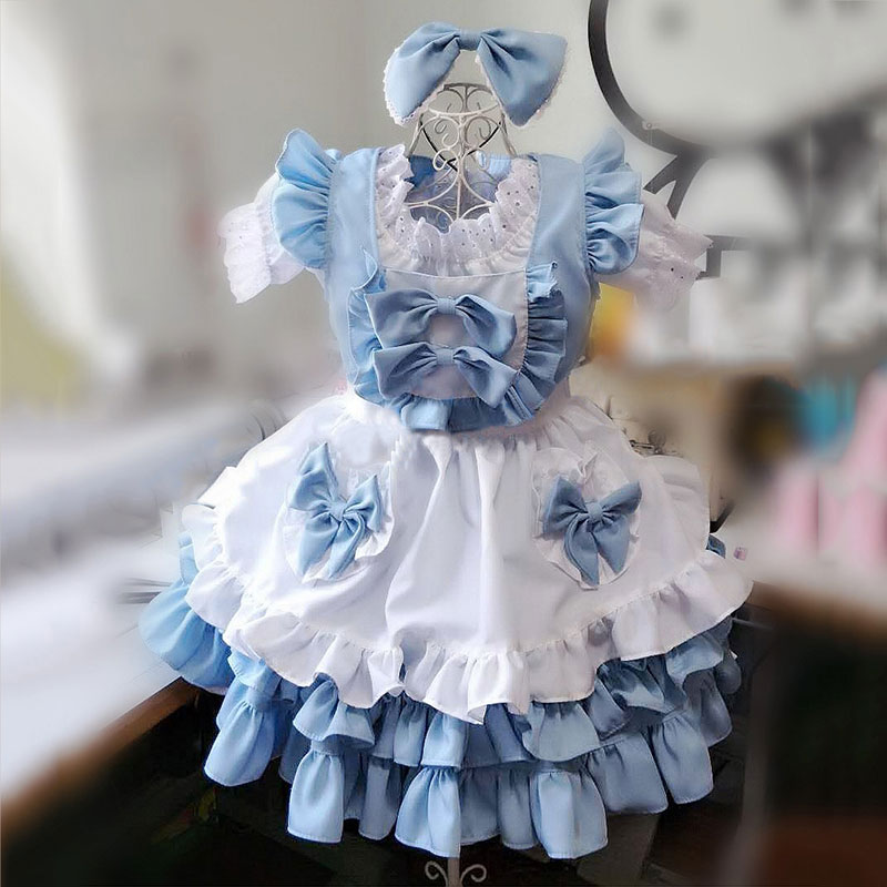 メイド服 青色 荷葉フリル 4点セット スカート コスプレ衣装 Lolita