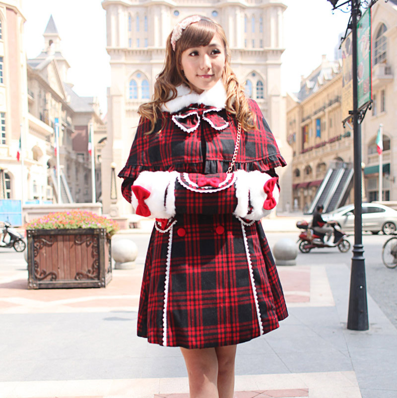 冬Lolitaロリータ　 フランス 学院クラシック　厚手赤黒格子 マント　ダブルボタン毛襟コート